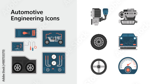 a collection of automotive engineering icons including engine components vehicle schematics tires and dashboard instruments is prominently displayed as a visual set high quality professional detailed