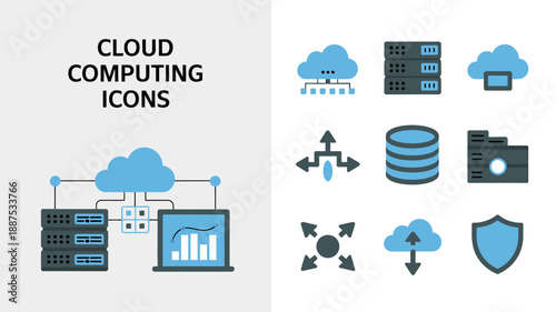 the image showcases a collection of cloud computing icons including servers data storage network connections and security features visualized in a blue color scheme high quality