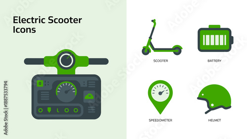 a visual representation showcasing electric scooter elements including a speedometer battery indicator helmet and the scooter itself in a green color scheme high quality professional detailed