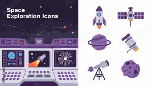 a vibrant collection of space exploration icons depicts rockets satellites planets telescopes and control panels against a starry background high quality professional detailed modern elegant stylish