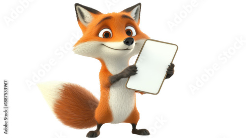 Cartoon fox holds tablet computer animated fox character interacts with tablet device