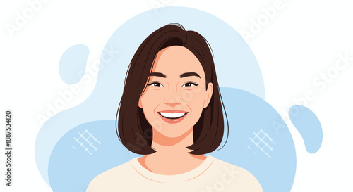 Beautiful young woman with short brown hair smiling happily against soft blue abstract background for dental and health concept.