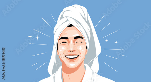 Happy young man with white towel on head smiling and feeling refreshed after shower for men beauty and skincare routine concept.