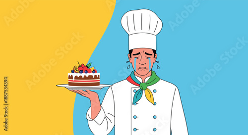 Sad chef in white uniform crying with tears while holding a cake representing failure or disappointed customer in restaurant.