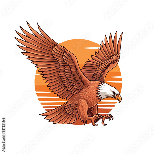 Majestic Bald Eagle Soaring Against a Vibrant Sunset Sky.