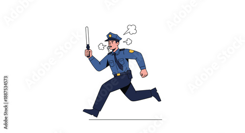 Energetic police officer in uniform running while blowing a whistle and holding a baton during an emergency chase.