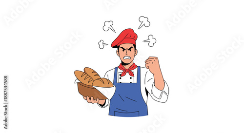 Angry professional baker wearing an apron and hat holding a basket of fresh bread while expressing frustration.