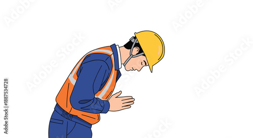 Professional engineer wearing a yellow hard hat and safety vest bowing forward to show respect or offer an apology.