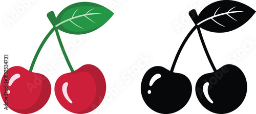 Cherry icon set with color and black silhouette, fresh fruit illustration vector for food logo, sticker, packaging design branding marketing