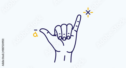 Line drawing of a hand making the shaka sign or hang loose gesture against a light blue background with stars.