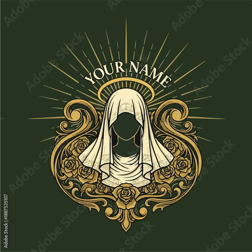 Ornate Religious Iconography with Roses and Halo.