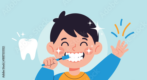Happy young boy brushing his teeth with a blue toothbrush and a sparkling white tooth icon to show good dental care.