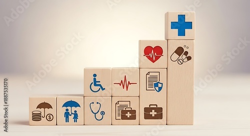 Wooden blocks showing icons for health insurance, life, and finances, symbolizing comprehensive medical and financial protection.