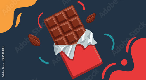 Chocolate bar partially unwrapped from a red paper and silver foil on a dark background with coffee beans and shapes.