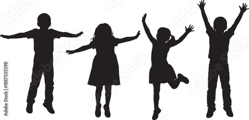 Black silhouette illustration of joyful children jumping and playing in dynamic poses, symbolizing childhood happiness, freedom, energy, fun, and active lifestyle concepts for design