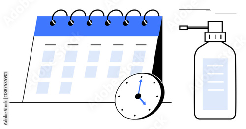 Desk calendar with spiral binding, clock indicating time, and sanitizer bottle. Ideal for scheduling, productivity, cleanliness, routines, time-awareness health and organized lifestyle. A simple