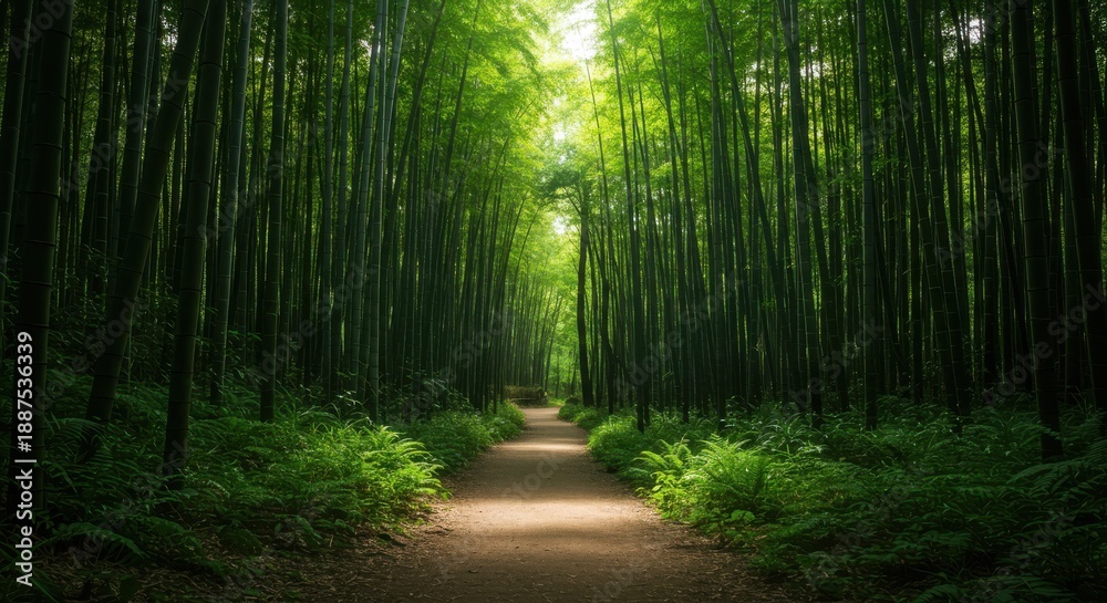 Fototapeta premium 緑豊かな竹林の小道と木漏れ日