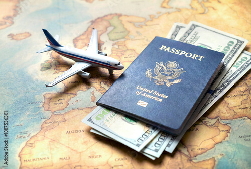 US passport with  dollar money and miniature small jet plane over world map, travel concept background.
