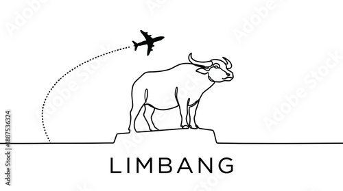 Water buffalo and airplane Limbang travel vector illustration