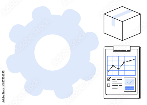Business process, logistics, efficiency, task management, workflow optimization, supply chain. Gear icon, package clipboard with a graph and checked checklist. Business process and logistics concept