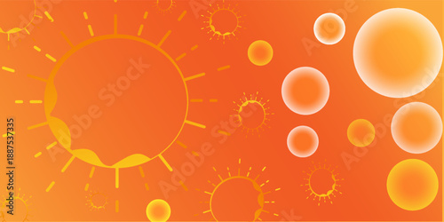 gradient of orange color and circle ring background (vector). Hand drawn summer elements. Modern simple flat sunlight sign. 