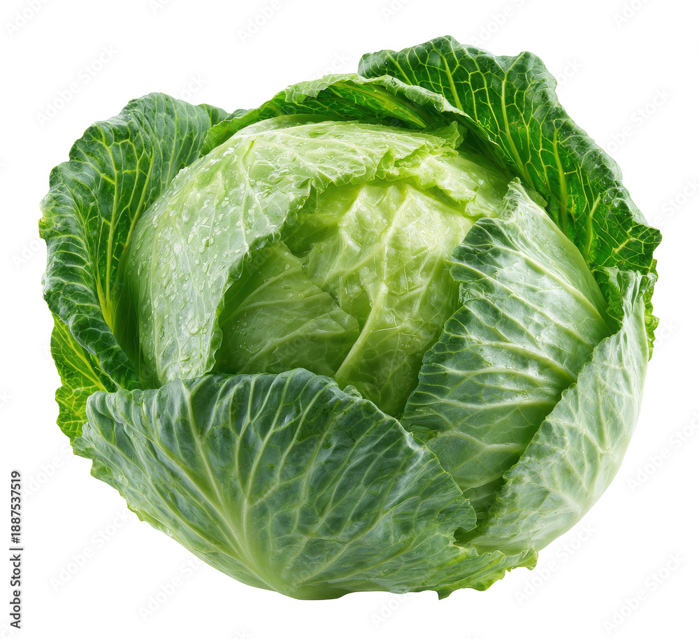 Fototapeta premium Fresh Green Cabbage with Water Droplets, Studio Lighting, Isolated on Transparent Background