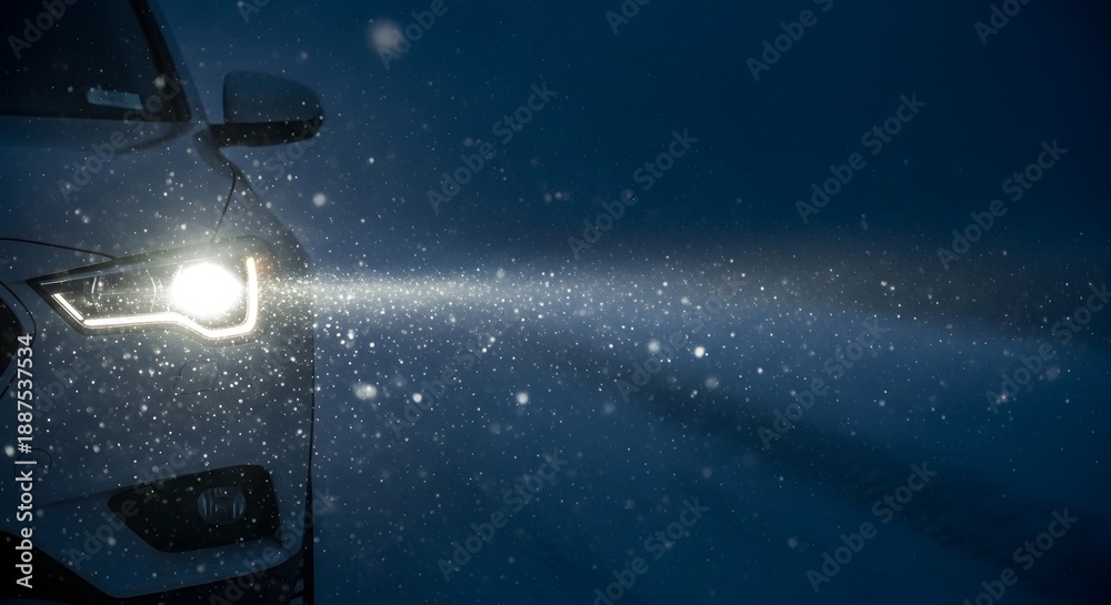 Naklejka premium Front view of a white car with powerful headlights piercing a nighttime snowstorm, capturing a winter driving in snow safety concept