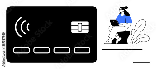 Contactless payment via card with wireless symbol and embedded chip. Contactless payments enhance security, speed, and convenience. Ideal for banking, e-commerce, and fintech apps