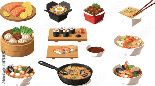 Set of Asian Food Vector Illustrations Featuring Sushi Rolls Dim Sum Noodles Salmon and Seafood Bowls for Restaurant Menus and Food Delivery Designs