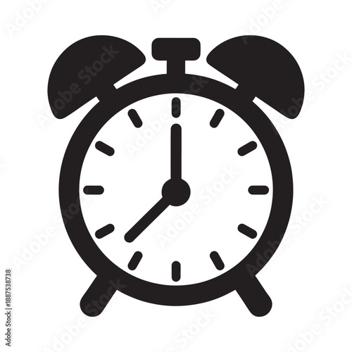 Simple black and white illustration of a classic analog alarm clock