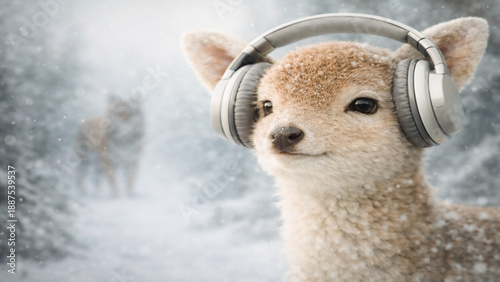 Peaceful fawn listening to music in winter forest with out-of-focus tiger behind, wildlife tension and serenity concept.
