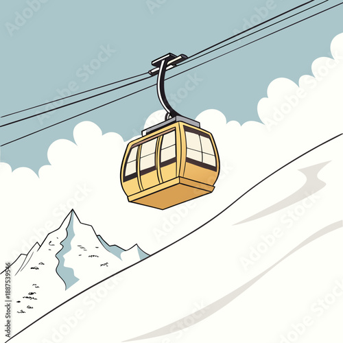Cable car over snowy mountains