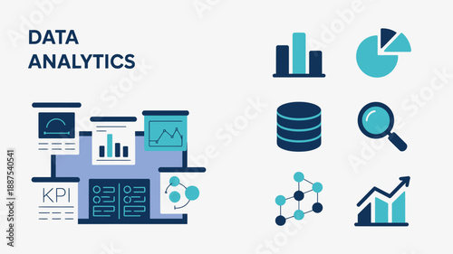 this image showcases a collection of data analytics icons including charts databases computers and graphs illustrating the field of data science high quality professional detailed modern