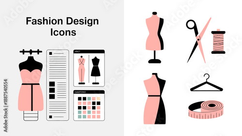 a collection of fashion design icons is presented including dress forms scissors measuring tapes and garment sketches in a stylistic arrangement high quality professional detailed modern