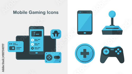 a colorful set of mobile gaming icons featuring smartphones gamepads joysticks and control elements in a flat design style high quality professional detailed modern elegant stylish