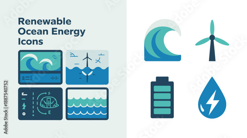 Visual representation of sustainable power sources from the ocean featuring waves turbines batteries and other renewable energy symbols high quality professional detailed modern elegant stylish clean