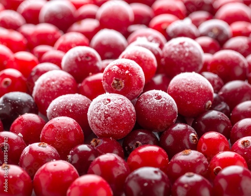 Freshly picked red cranberries juxtaposed with rapidly frozen wild red cranberries.