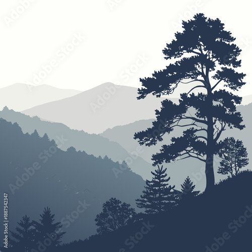 Silhouette of a tree in a mountainous landscape