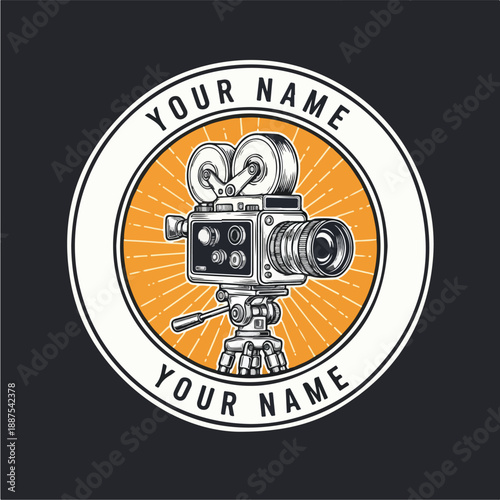 Vintage Film Camera Emblem with Sunburst Background.