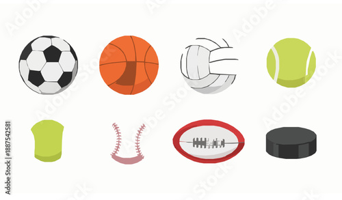Black flat silhouette and colored vector sports balls set for games, athletics, and sports equipment