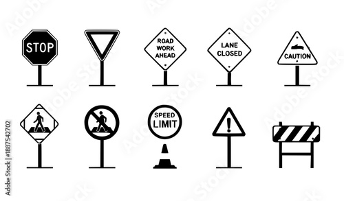Flat vector construction and traffic barricade signs set for road safety, warning, and detour icons