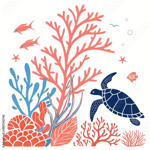Underwater coral reef with sea turtle and fish