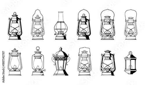 Vintage lantern vector icons with flames and candles for rustic, antique, and decorative designs