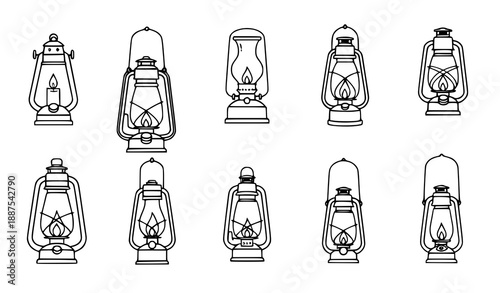 Minimalist vintage lantern vector icon set with flames and candles for rustic and antique designs