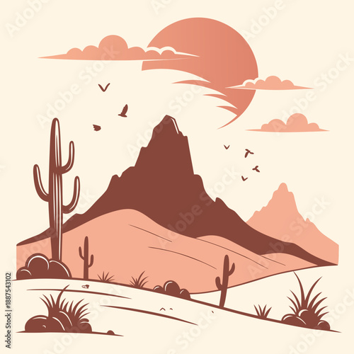 Desert landscape with cacti and mountains