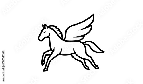 Continuous line winged horse running modern black outline vector illustration