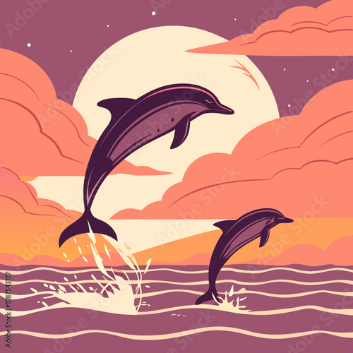 Leaping dolphins at sunset