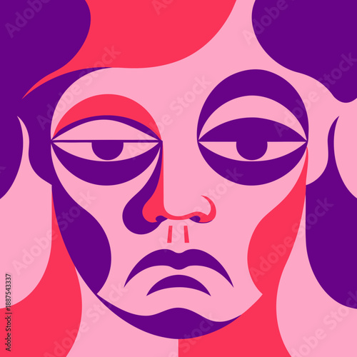 Vibrant illustration of a contemplative woman's face with abstract shapes and bold colors