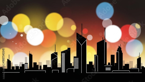 City Skyline Silhouette at Sunset with Bokeh Lights, Modern Skyscrapers, Urban Landscape