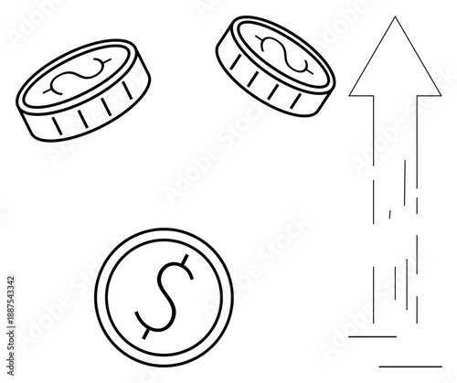 Economic progress, finance trends, wealth accumulation, business growth, monetary value, market analysis. Display of coins with a dollar sign and an upward-pointing arrow. Economic progress